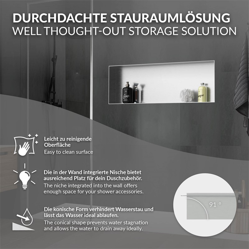 Duschnische 90x30 cm Silber aus Edelstahl Unterputz Rahmen Wandnische Duschablage LuxeBath