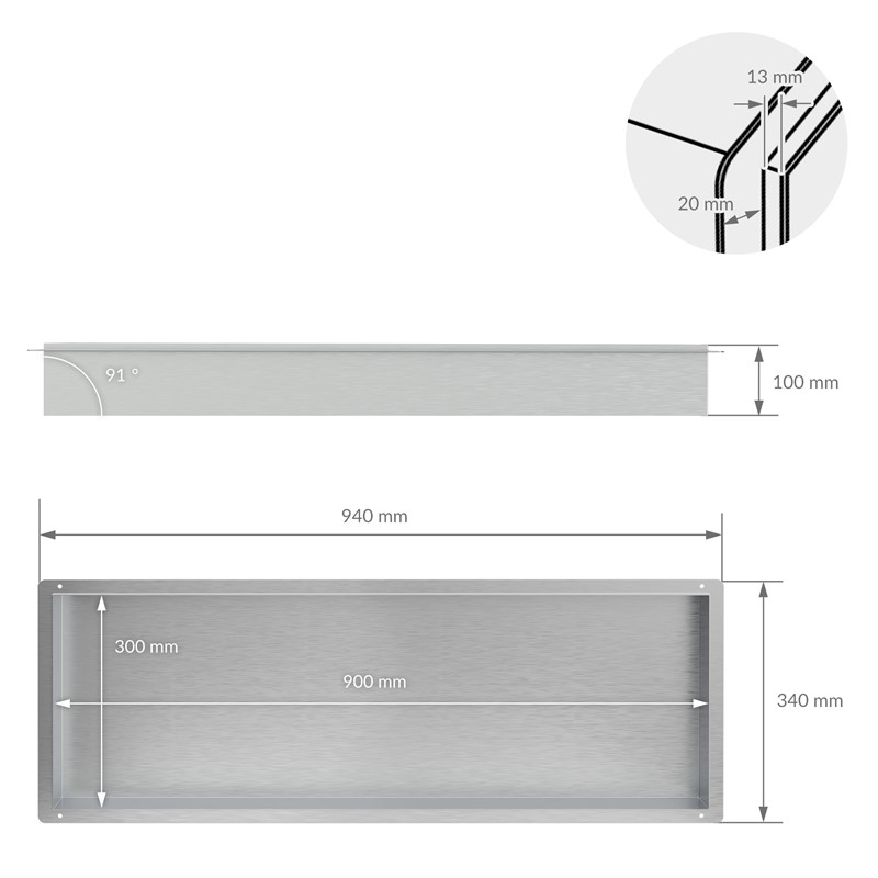 Duschnische 90x30 cm Silber aus Edelstahl Unterputz Rahmen Wandnische Duschablage LuxeBath