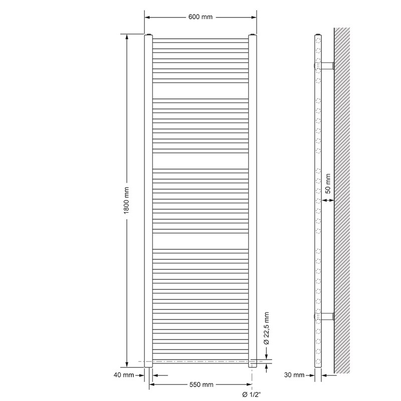 Elektrischer Badheizkörper mit Heizstab 900W 600x1800 mm Weiß gerade mit Seitenanschluss LuxeBath