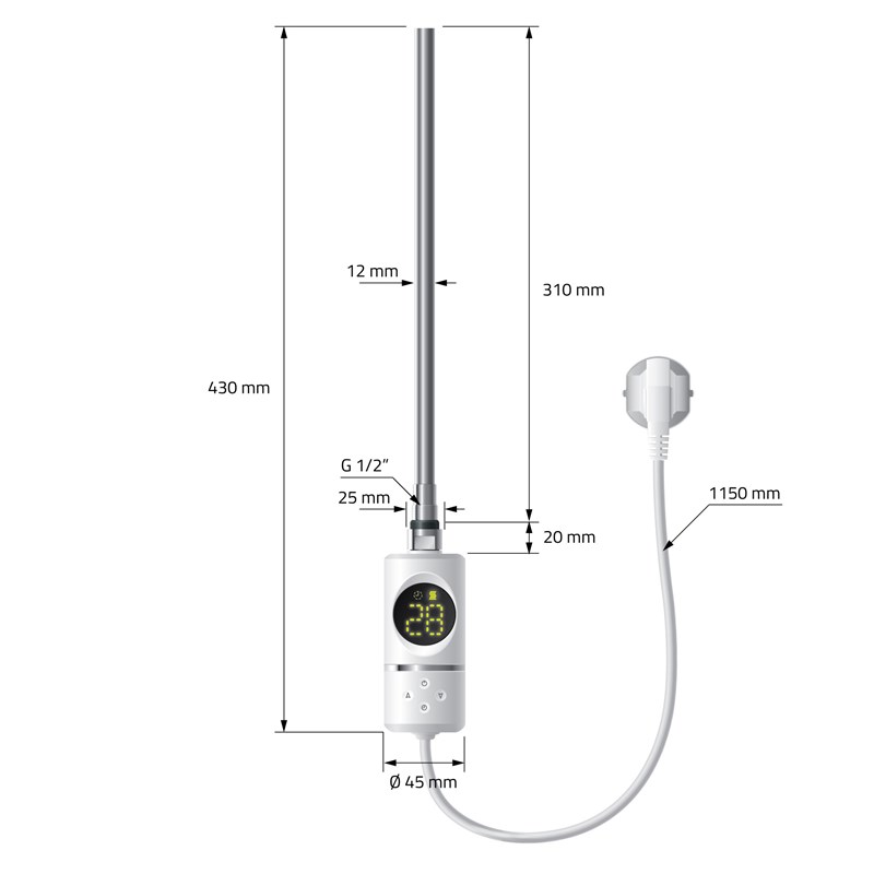 Elektrischer Badheizkörper mit Heizstab 300W 300x800 mm Weiß gerade mit Seitenanschluss LuxeBath