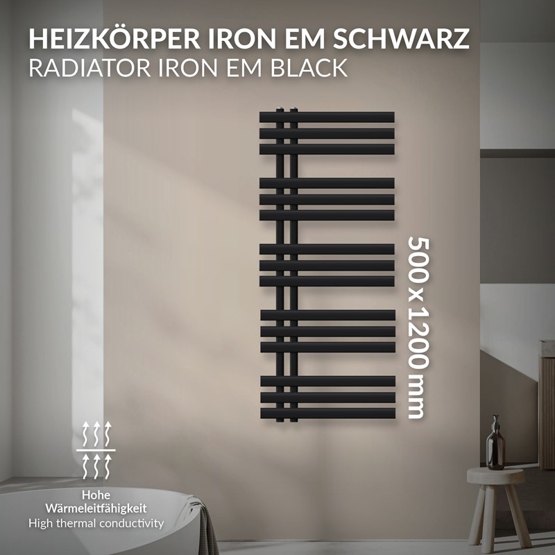 Design Badheizkörper Iron EM 500x1200 mm Schwarz matt Luxe Bath