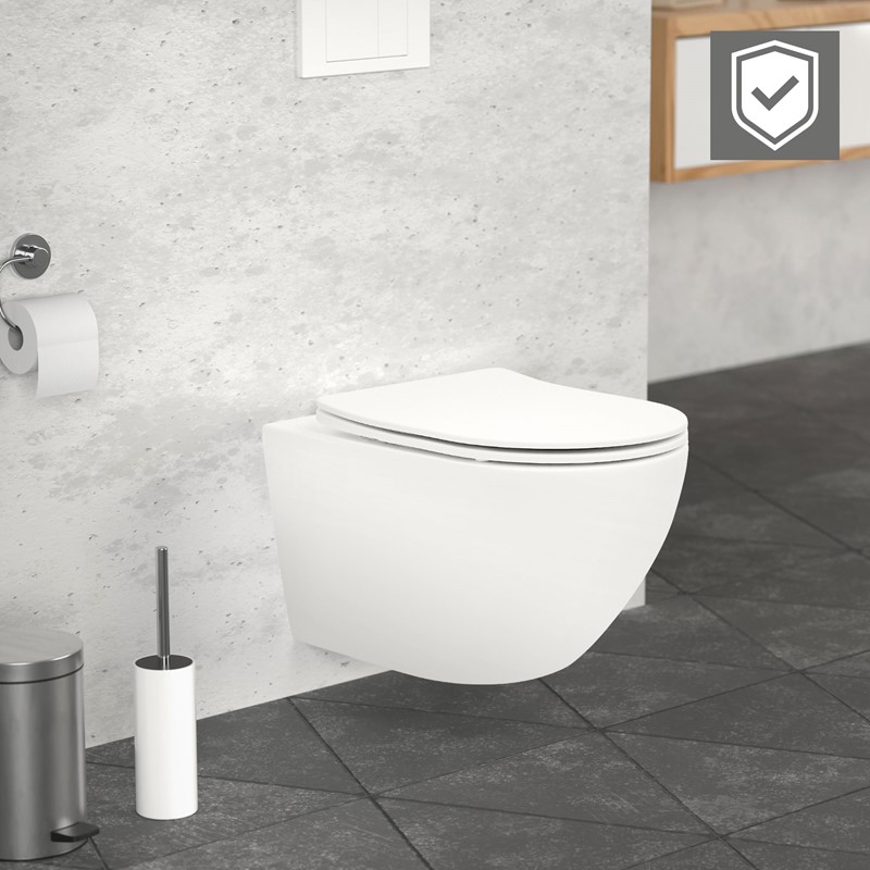 Wand-WC Hänge Toilette aus Keramik Matt Weiß 54 cm lang Spülrandlos mit Nanoversiegelung & Softclose Luxebath