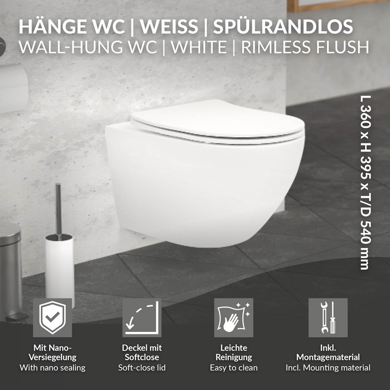 Wand-WC Hänge Toilette aus Keramik Matt Weiß 54 cm lang Spülrandlos mit Nanoversiegelung & Softclose Luxebath