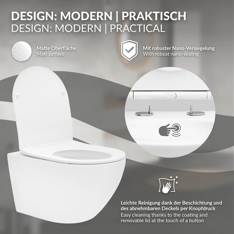 Wand-WC Hänge Toilette aus Keramik Matt Weiß 54 cm lang Spülrandlos mit Nanoversiegelung & Softclose Luxebath