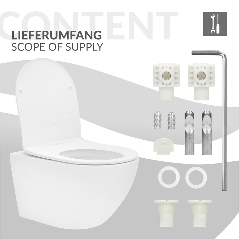 Wand-WC Hänge Toilette aus Keramik Matt Weiß 54 cm lang Spülrandlos mit Nanoversiegelung & Softclose Luxebath