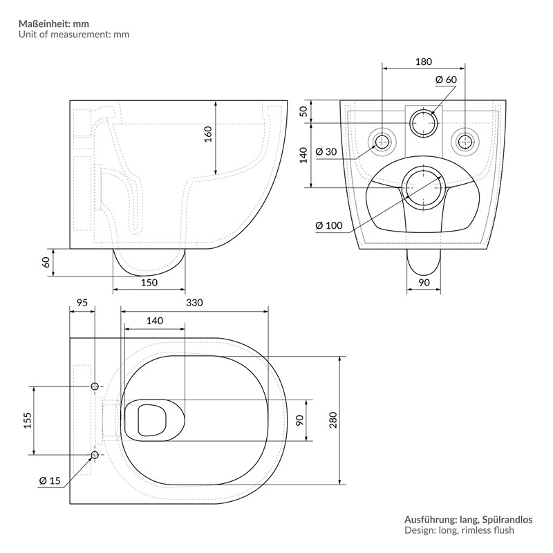 Wand-WC Hänge Toilette aus Keramik Matt Weiß 54 cm lang Spülrandlos mit Nanoversiegelung & Softclose Luxebath