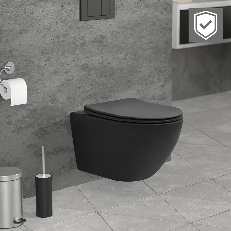 Wand-WC Hänge Toilette aus Keramik Matt Schwarz 54 cm lang Spülrandlos mit Nanoversiegelung & Softclose Luxebath