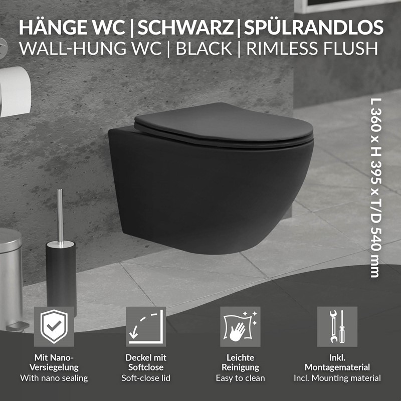 Wand-WC Hänge Toilette aus Keramik Matt Schwarz 54 cm lang Spülrandlos mit Nanoversiegelung & Softclose Luxebath