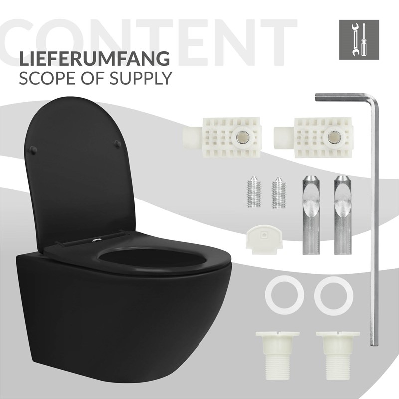 Wand-WC Hänge Toilette aus Keramik Matt Schwarz 54 cm lang Spülrandlos mit Nanoversiegelung & Softclose Luxebath