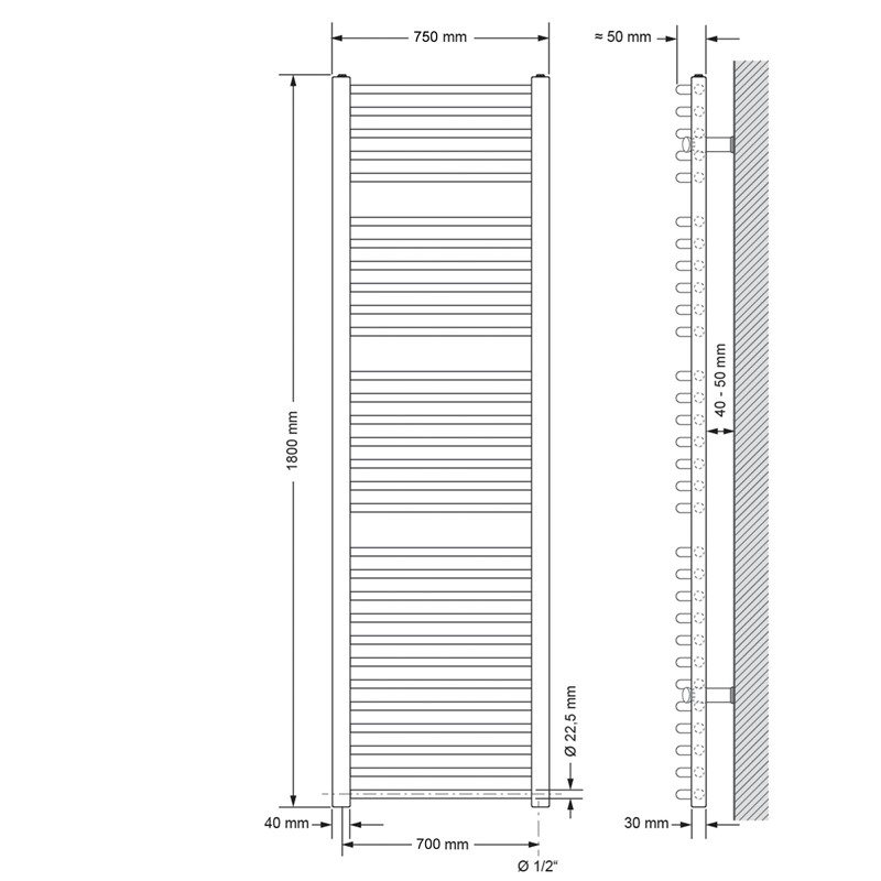 Elektrischer Badheizkörper mit Heizstab 900W 750x1800 mm Weiß gebogen mit Seitenanschluss LuxeBath