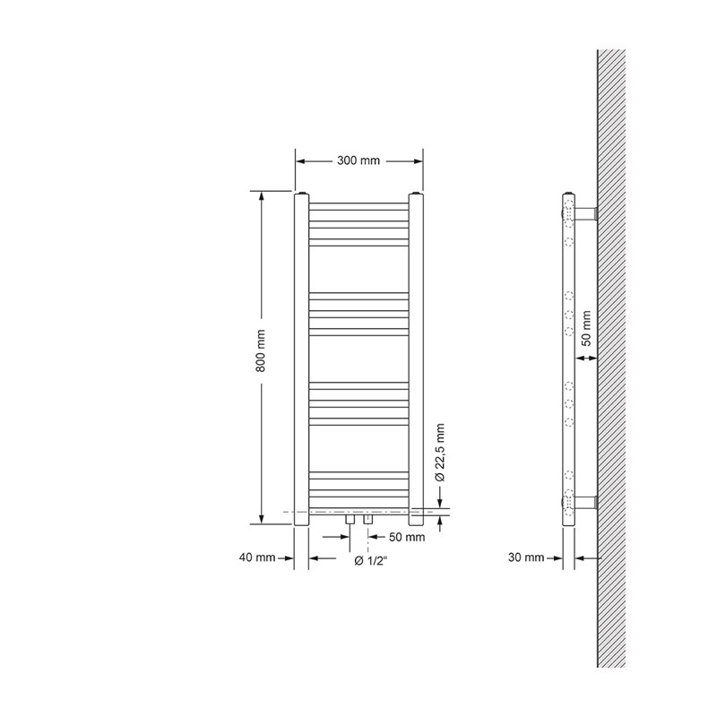 Badheizkörper Sahara 300x800 mm Weiß gerade mit Mittelanschluss LuxeBath