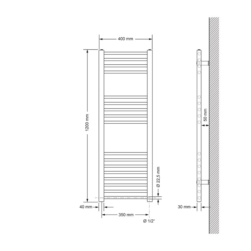 Elektrischer Badheizkörper mit Heizstab 900W 400x1200 mm Chrome gerade mit Seitenanschluss LuxeBath