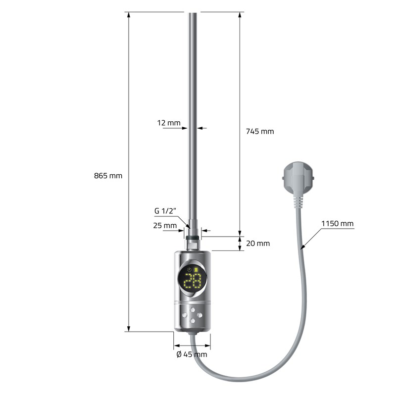 Elektrischer Badheizkörper mit Heizstab 900W 400x1200 mm Chrome gerade mit Seitenanschluss LuxeBath