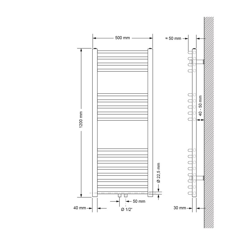 Badheizkörper Sahara 500x1200 mm Schwarz matt gebogen mit Mittelanschluss LuxeBath
