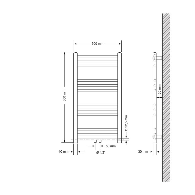 Badheizkörper Sahara 500x800 mm Weiß gerade mit Mittelanschluss LuxeBath
