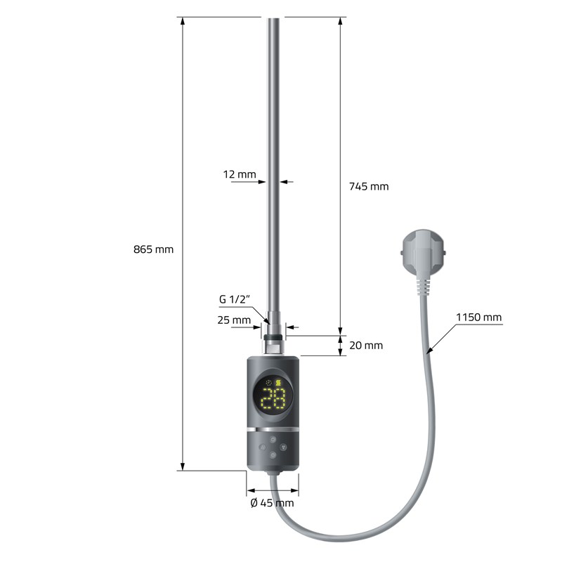 Elektrischer Badheizkörper mit Heizstab 900W 500x1800 mm Anthrazit gebogen mit Seitenanschluss LuxeBath
