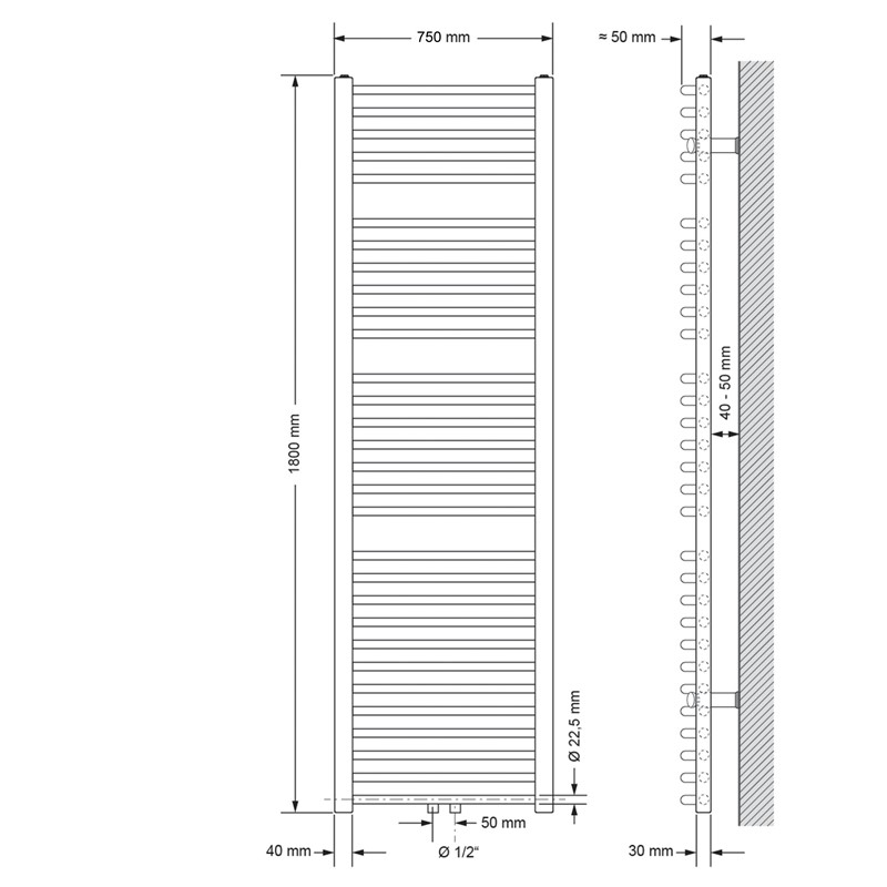Badheizkörper Sahara 750x1800 mm Weiß gebogen mit Mittelanschluss LuxeBath