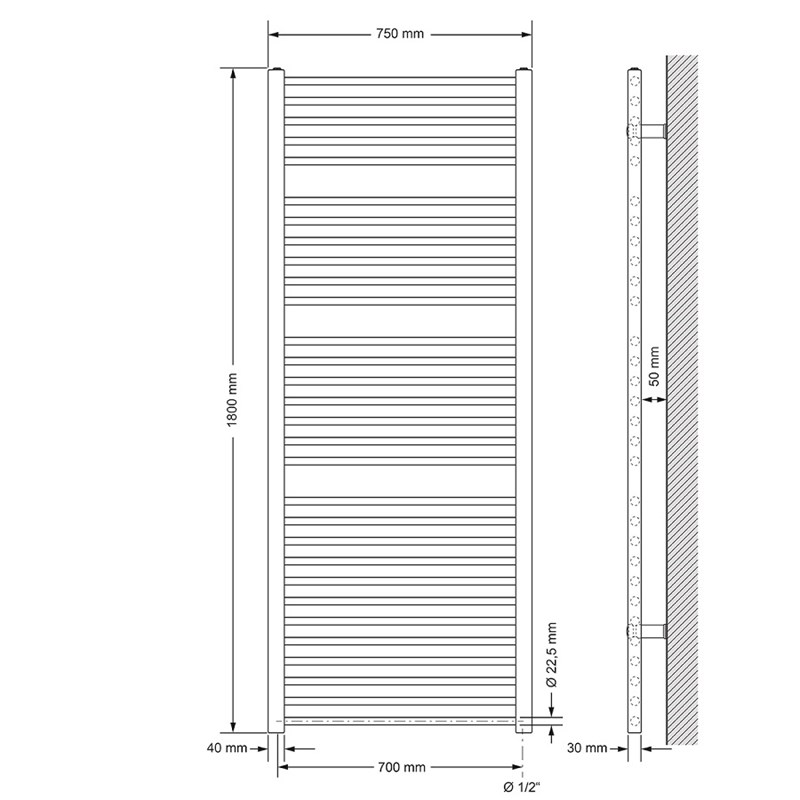 Badheizkörper Sahara 750x1800 mm Weiß gerade mit Seitenanschluss LuxeBath