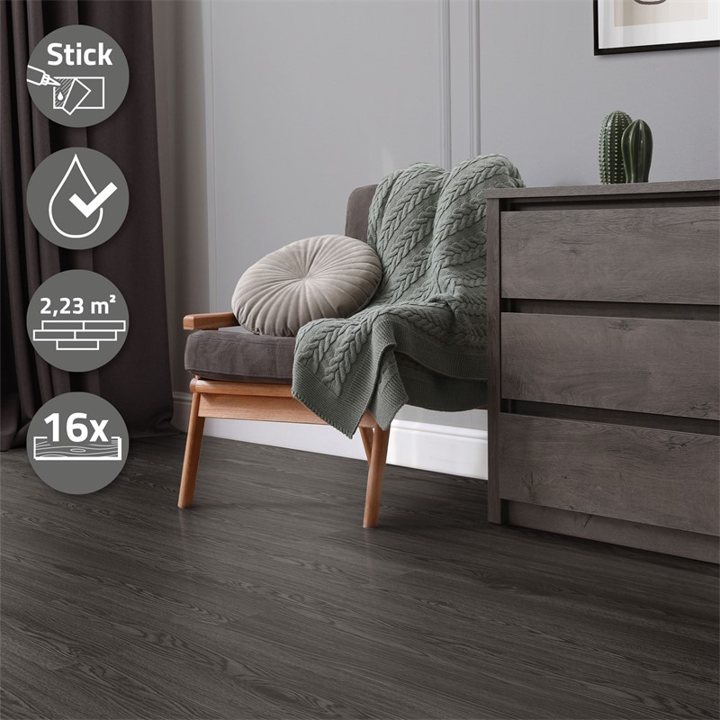 Deluxe PVC Klebevinylboden für 2,23 m² Eiche Dunkelgrau 2 mm dick ML-Design