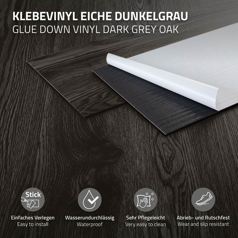 Deluxe PVC Klebevinylboden für 2,23 m² Eiche Dunkelgrau 2 mm dick ML-Design