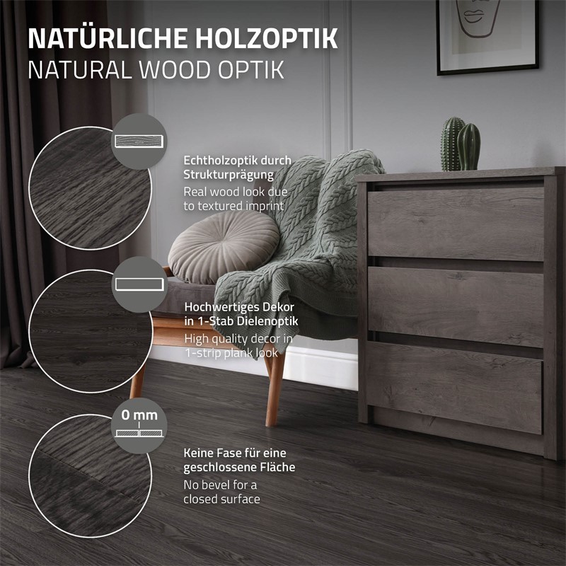 Deluxe PVC Klebevinylboden für 2,23 m² Eiche Dunkelgrau 2 mm dick ML-Design