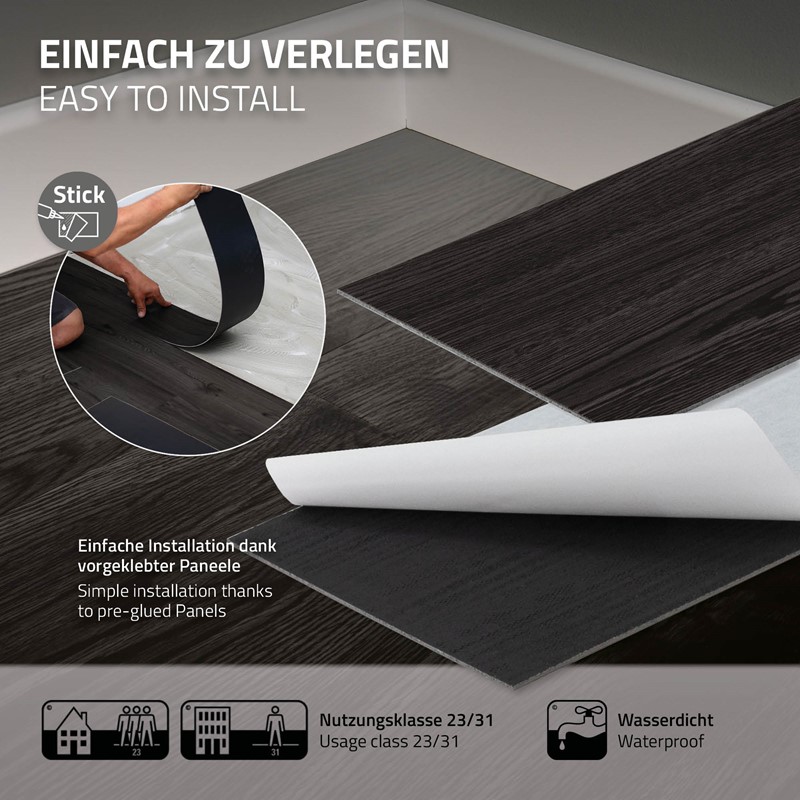 Deluxe PVC Klebevinylboden für 2,23 m² Eiche Dunkelgrau 2 mm dick ML-Design