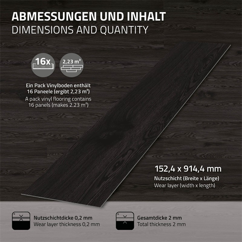 Deluxe PVC Klebevinylboden für 2,23 m² Eiche Dunkelgrau 2 mm dick ML-Design