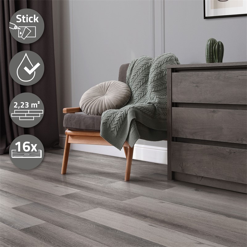 Deluxe PVC Klebevinylboden für 2,23 m² Kiefer Grau 2 mm dick ML-Design