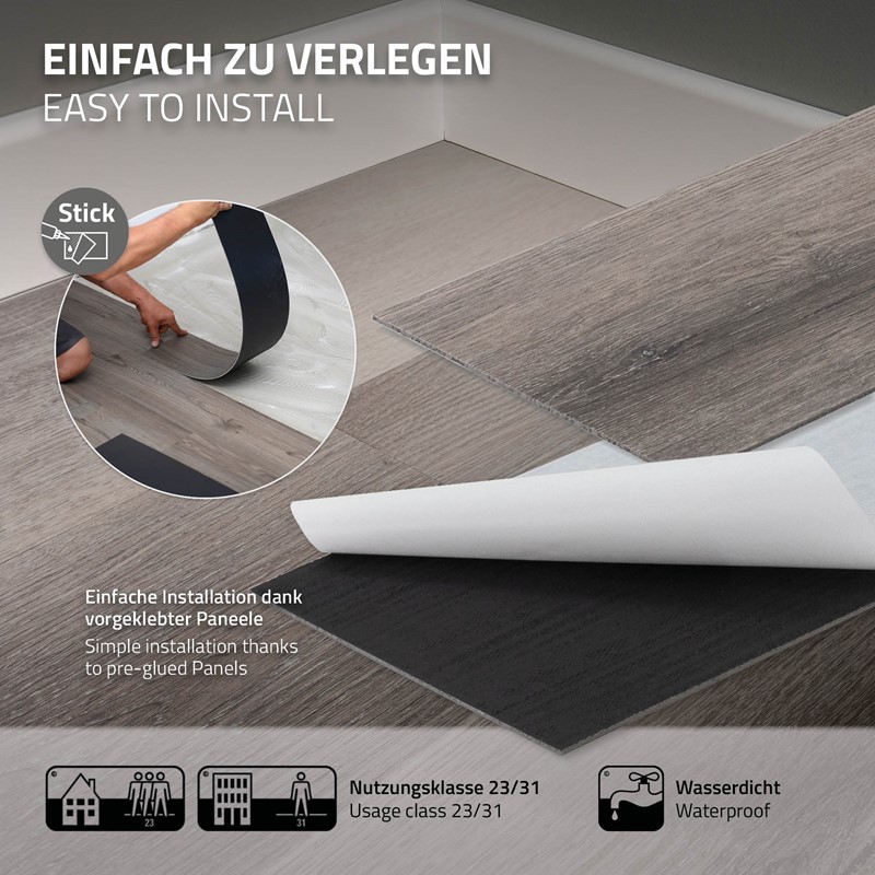 Deluxe PVC Klebevinylboden für 2,23 m² Kiefer Grau 2 mm dick ML-Design