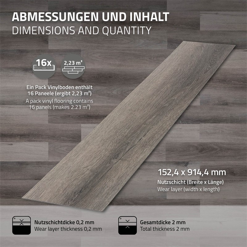 Deluxe PVC Klebevinylboden für 2,23 m² Kiefer Grau 2 mm dick ML-Design