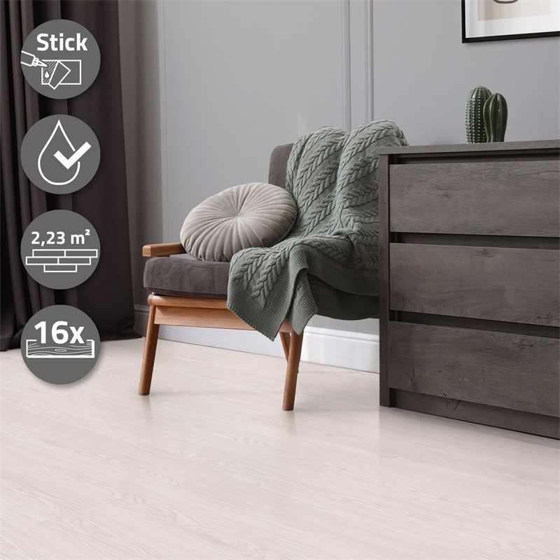 Deluxe PVC Klebevinylboden für 2,23 m² Weiß Eiche 2 mm dick ML-Design Deluxe PVC Klebevinylboden für 2,23 m² Weiß Eiche 2 mm dick ML-Design