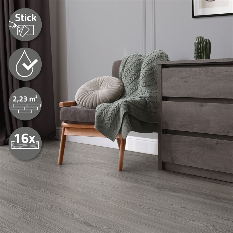 Deluxe PVC Klebevinylboden für 2,23 m² Eiche Grau 2 mm dick ML-Design Deluxe PVC Klebevinylboden für 2,23 m² Eiche Grau 2 mm dick ML-Design