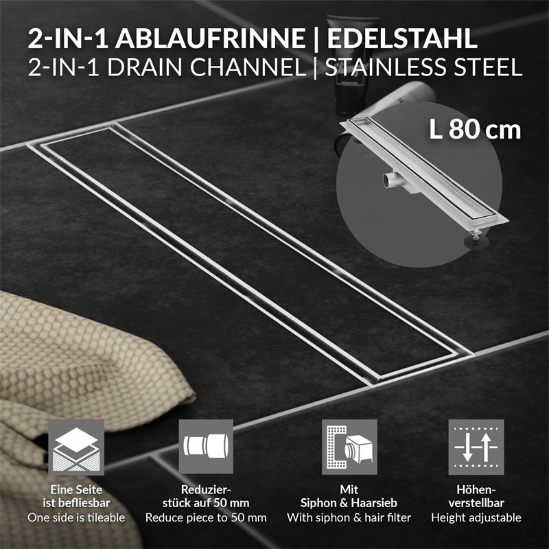 Edelstahl Duschrinne befliesbar 80 cm und Siphon Komplettset Silber flach LuxeBath