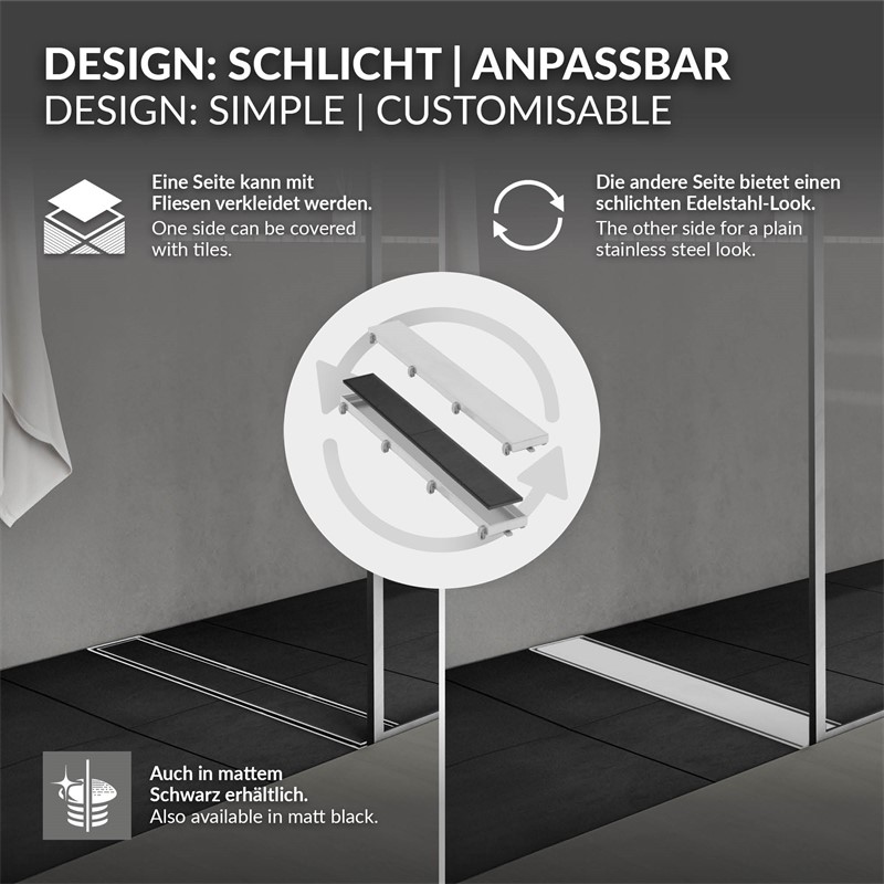 Edelstahl Duschrinne befliesbar 80 cm und Siphon Komplettset Silber flach LuxeBath