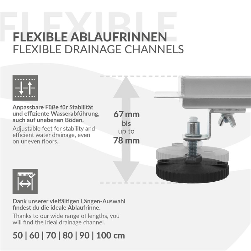 Edelstahl Duschrinne befliesbar 80 cm und Siphon Komplettset Silber flach LuxeBath
