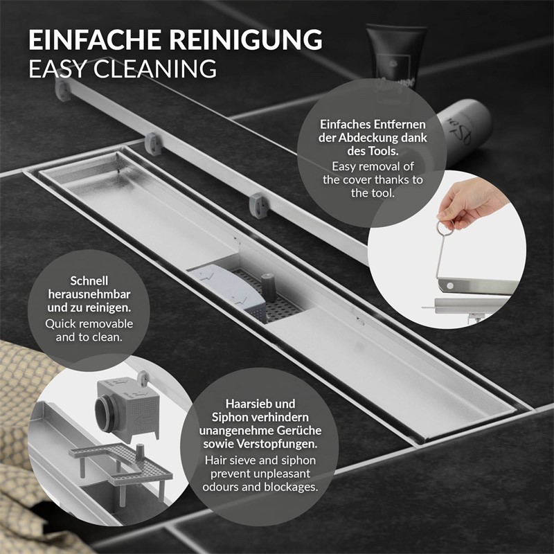 Edelstahl Duschrinne befliesbar 80 cm und Siphon Komplettset Silber flach LuxeBath