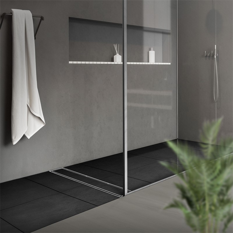 Edelstahl Duschrinne befliesbar 80 cm und Siphon Komplettset Silber flach LuxeBath