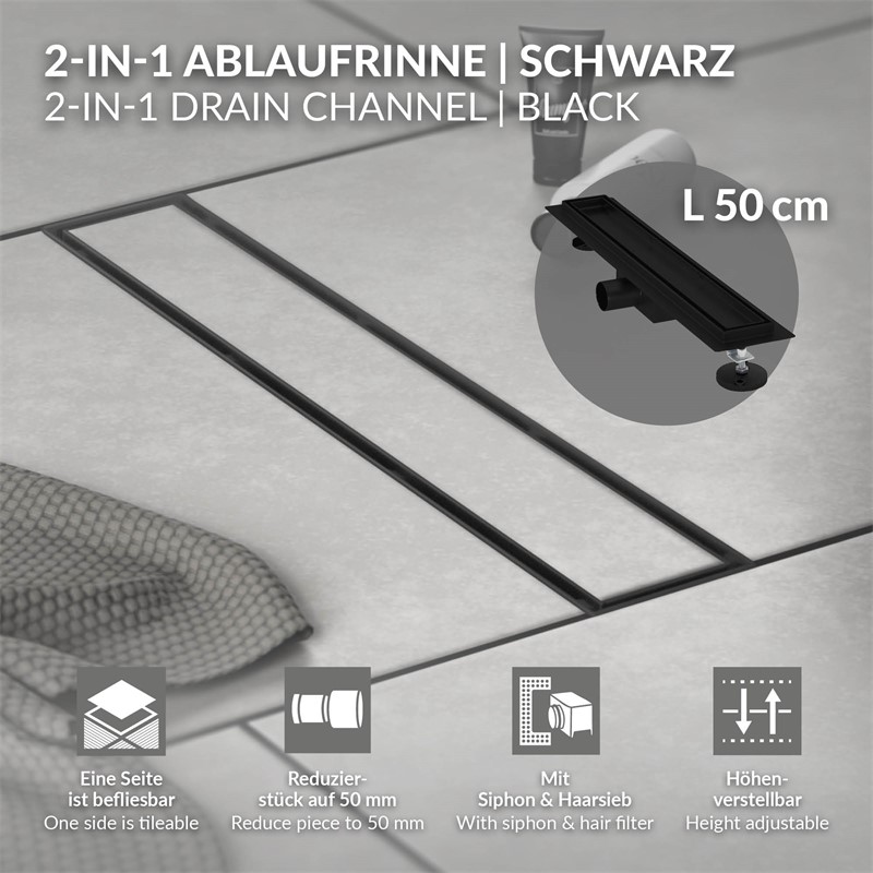 Edelstahl Duschrinne befliesbar 50 cm und Siphon Komplettset Schwarz flach LuxeBath