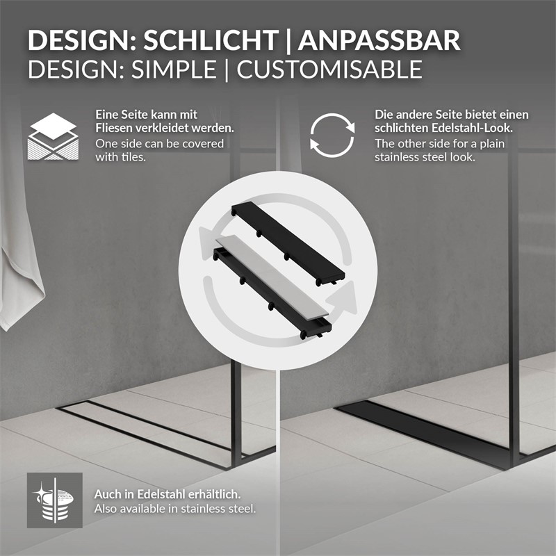 Edelstahl Duschrinne befliesbar 50 cm und Siphon Komplettset Schwarz flach LuxeBath