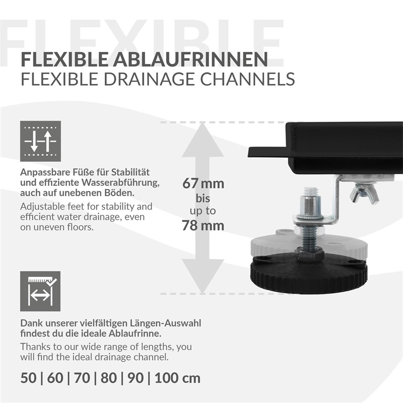 Edelstahl Duschrinne befliesbar 50 cm und Siphon Komplettset Schwarz flach LuxeBath