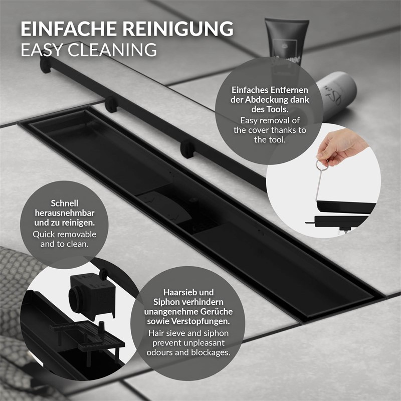 Edelstahl Duschrinne befliesbar 50 cm und Siphon Komplettset Schwarz flach LuxeBath