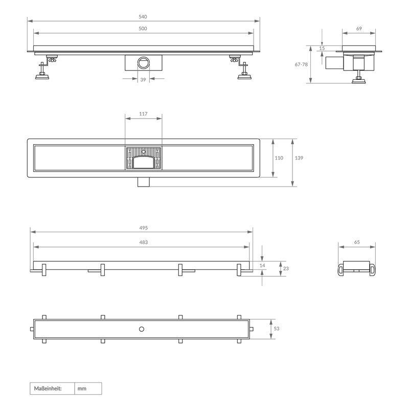 Edelstahl Duschrinne befliesbar 50 cm und Siphon Komplettset Schwarz flach LuxeBath