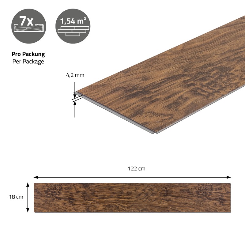 PVC Vinylboden Bodenbelag Set 7 Dielen 4,2mm für 1,54m² mit Klick-System Akazie ML-Design