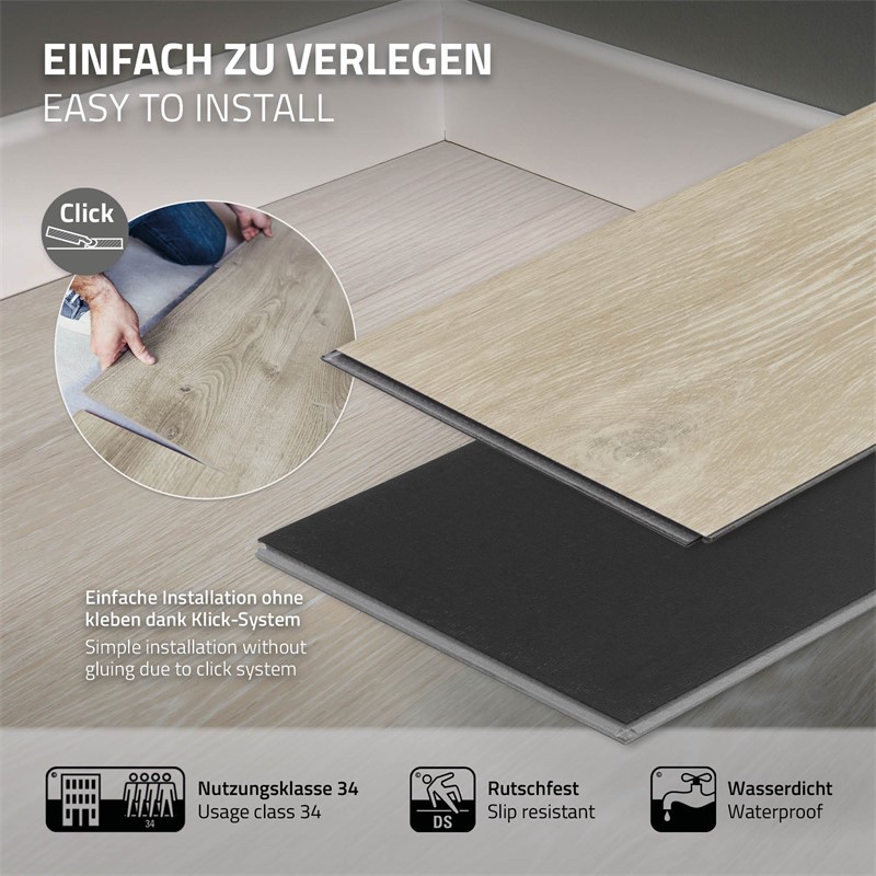 PVC Vinylboden Bodenbelag Set 7 Dielen 4,2mm für 1,54m² mit Klick-System Eiche Afterglow ML-Design