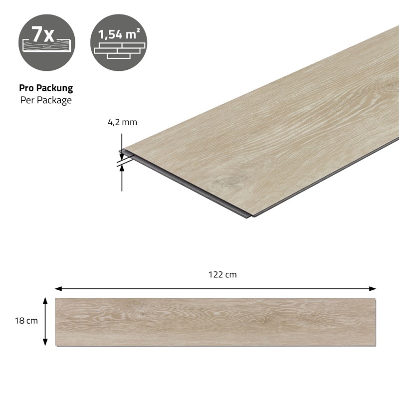 PVC Vinylboden Bodenbelag Set 7 Dielen 4,2mm für 1,54m² mit Klick-System Eiche Afterglow ML-Design