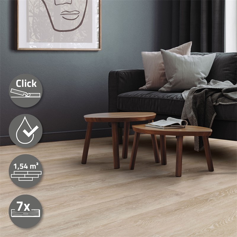 PVC Vinylboden Bodenbelag Set 7 Dielen 4,2mm für 1,54m² mit Klick-System Eiche Afterglow ML-Design