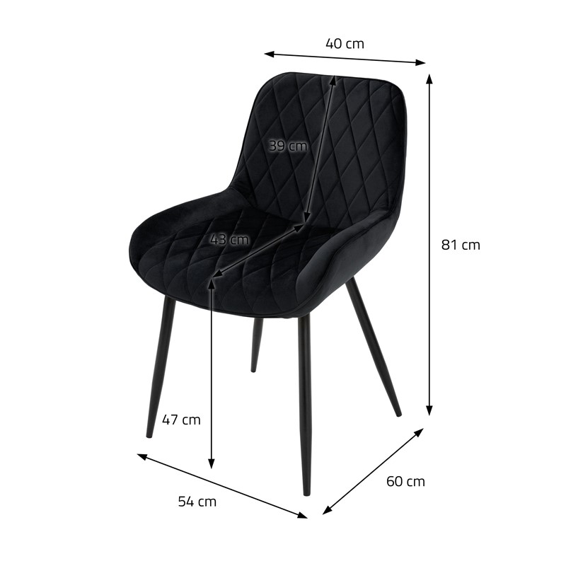 6er Set Esszimmerstuhl Rauten Steppung Schwarz Samtbezug mit Metallbeinen inkl. Montagematerial ML-Design