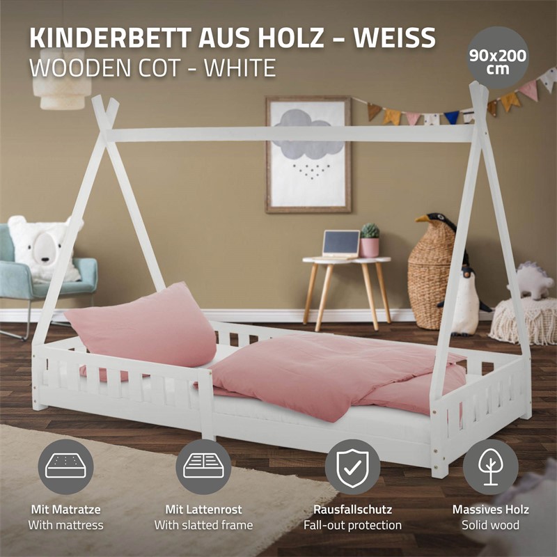 Kinderbett Tipi 90x200 cm Weiß aus Kiefernholz inkl. Matratze H-16cm Rausfallschutz und Lattenrost ML-Design