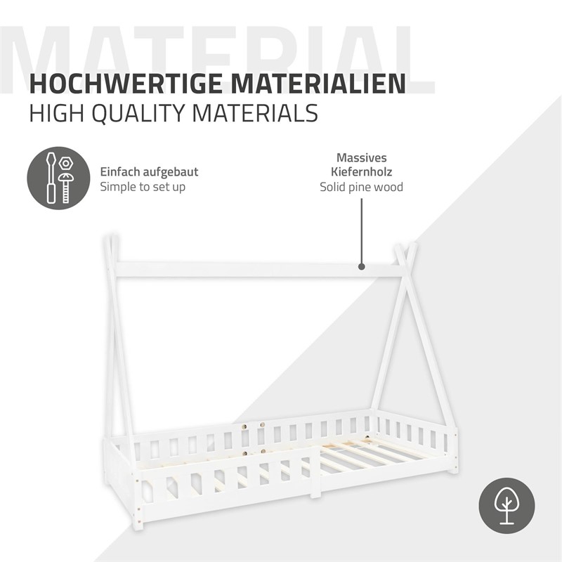 Kinderbett Tipi 90x200 cm Weiß aus Kiefernholz inkl. Matratze H-16cm Rausfallschutz und Lattenrost ML-Design