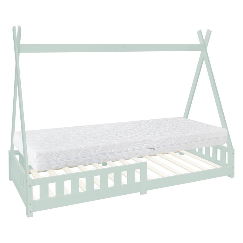 Kinderbett Tipi 90x200 cm Minze aus Kiefernholz inkl. Matratze H-16cm Rausfallschutz und Lattenrost ML-Design